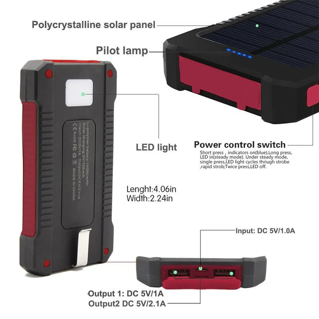 Solar Phone Charger PowerBank DCAE Real 10000mAh Power Bank Waterproof Shock drop resistance Dual USB Travel  For Android smart phone