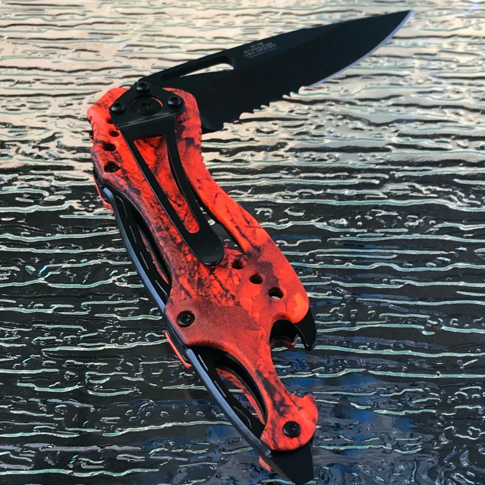 Spring Assisted Tactical Hunting Camping Orange Camo Pocket Knife