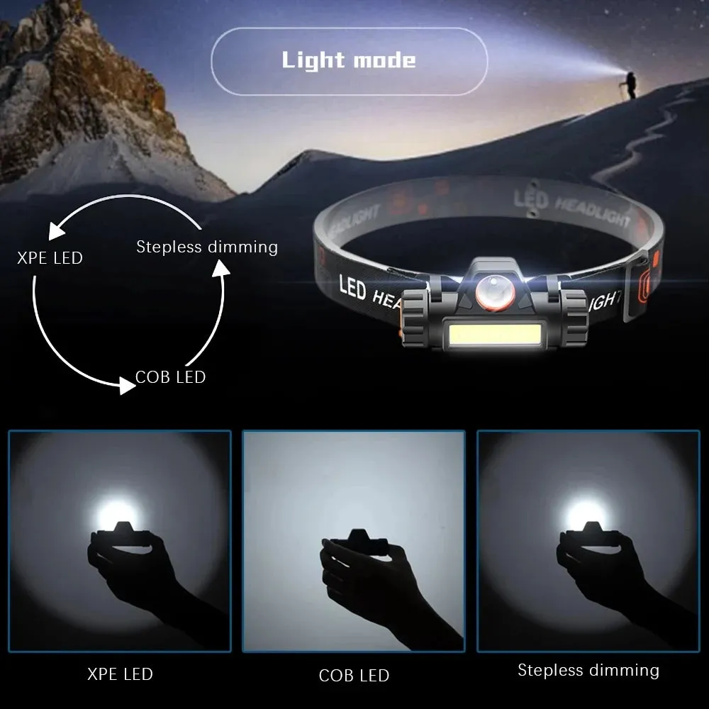 stepless dimming mini headlamp xpe cob led headlight brightness adjustable usb rechargeable portable Flash Torch light Head Lamp