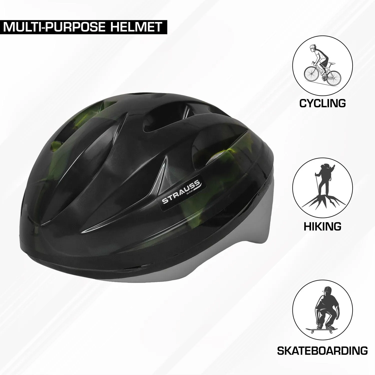 Strauss Adjustable Cycling Helmet , ELITE | Light Weight with Superior Ventilation | Mountain, Road Bike & Skating Helmet With Premium EPS Foam Lining| Ideal for Adults and Kids|Size: Senior (Black and Green)