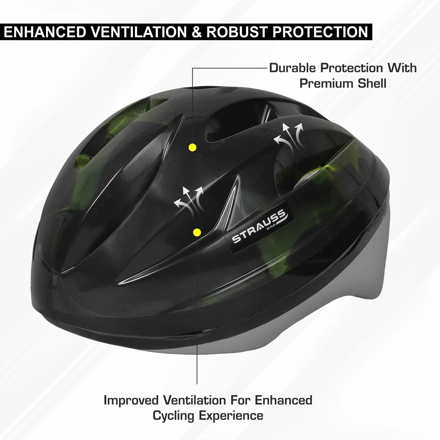 Strauss Adjustable Cycling Helmet , ELITE | Light Weight with Superior Ventilation | Mountain, Road Bike & Skating Helmet With Premium EPS Foam Lining| Ideal for Adults and Kids|Size: Senior (Black and Green)