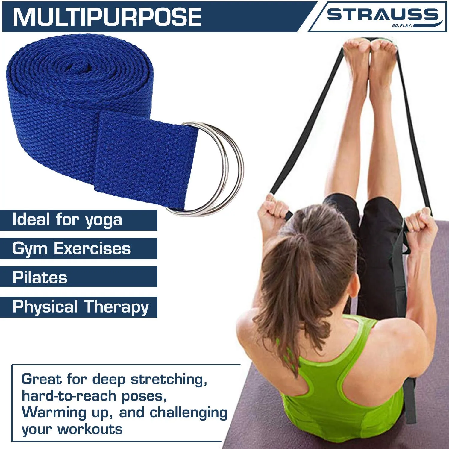 Strauss Meditation Designer Yoga Mat 5 mm (Navy Blue), Yoga Block (Navy Blue) Pair, Anti-Slip Yoga Towel (Blue) and Yoga Belt (Blue)