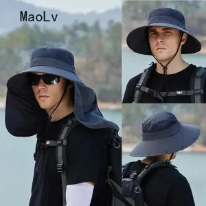 Summer Sun Hats Double Layer UV Protection Fishing Hunting Outdoor Cap Men Hiking Camping Visor Hat Removable Fisherman Hat