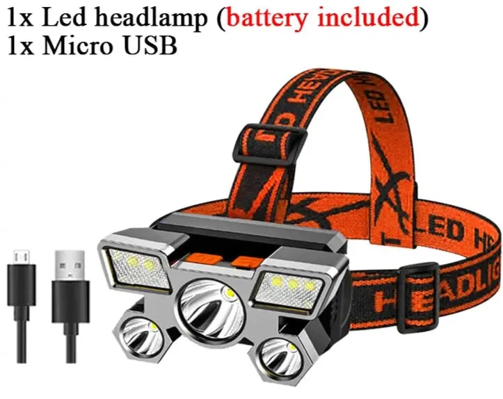 Super Bright 5 LED USB Rechargeable Headlamp 18650 Built-in Battery Headlight Portable Head Flashlight Night Run Fishing Lantern