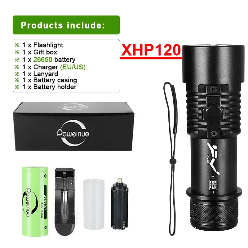 Super XHP120 Professional Diving Flashlight 300m Underwater Scuba Diving Torch IPX8 Waterproof Powerful Dive Light 26650 Battery