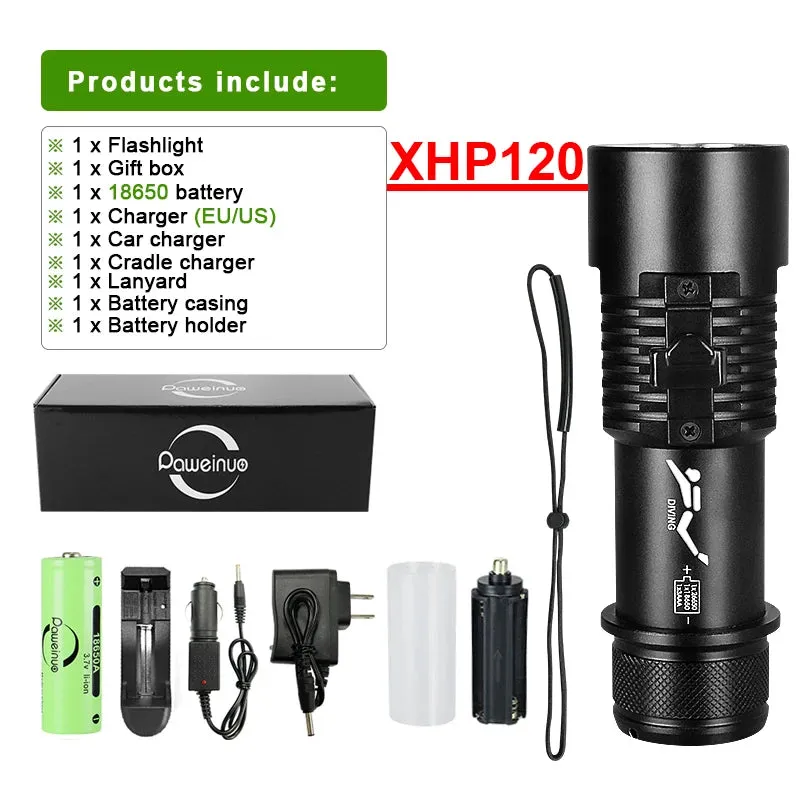 Super XHP120 Professional Diving Flashlight 300m Underwater Scuba Diving Torch IPX8 Waterproof Powerful Dive Light 26650 Battery
