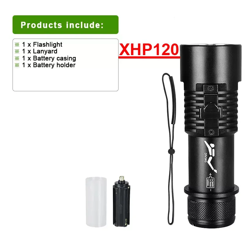 Super XHP120 Professional Diving Flashlight 300m Underwater Scuba Diving Torch IPX8 Waterproof Powerful Dive Light 26650 Battery