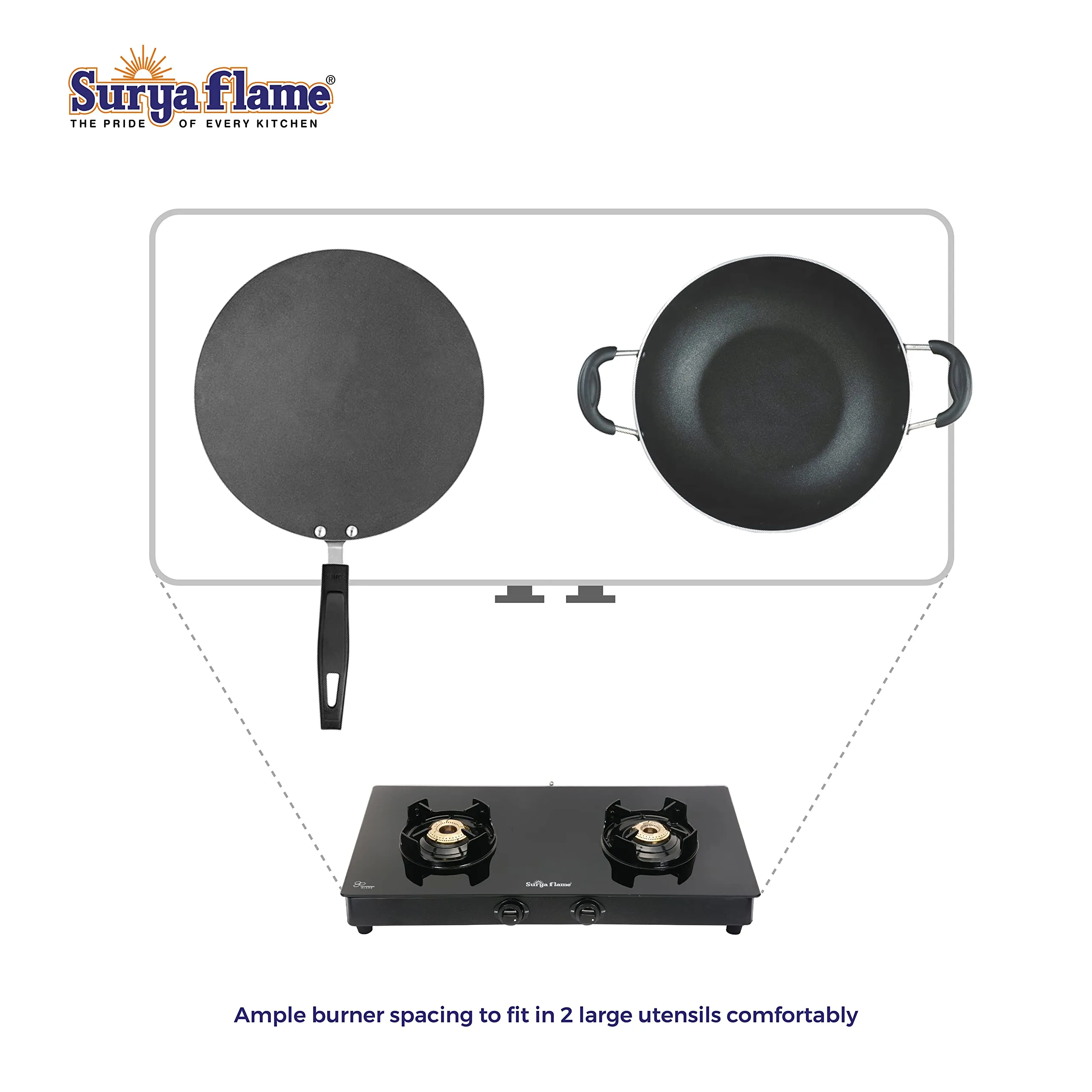 Surya Flame Black Beauty Gas Stove 2 Burners Glass Top LPG Stove | LPG Gas Dual Layer Rubber Hose Pipe 1.5M | Premier Stainless Steel Gas Lighter with Knife