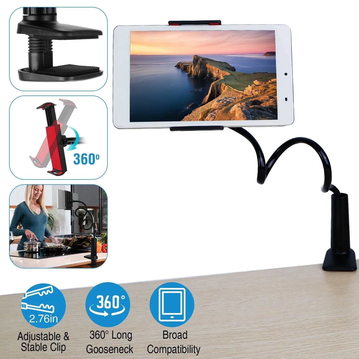 Tablet Gooseneck Stand Bracket with 360¬∞ Rotatable Clip