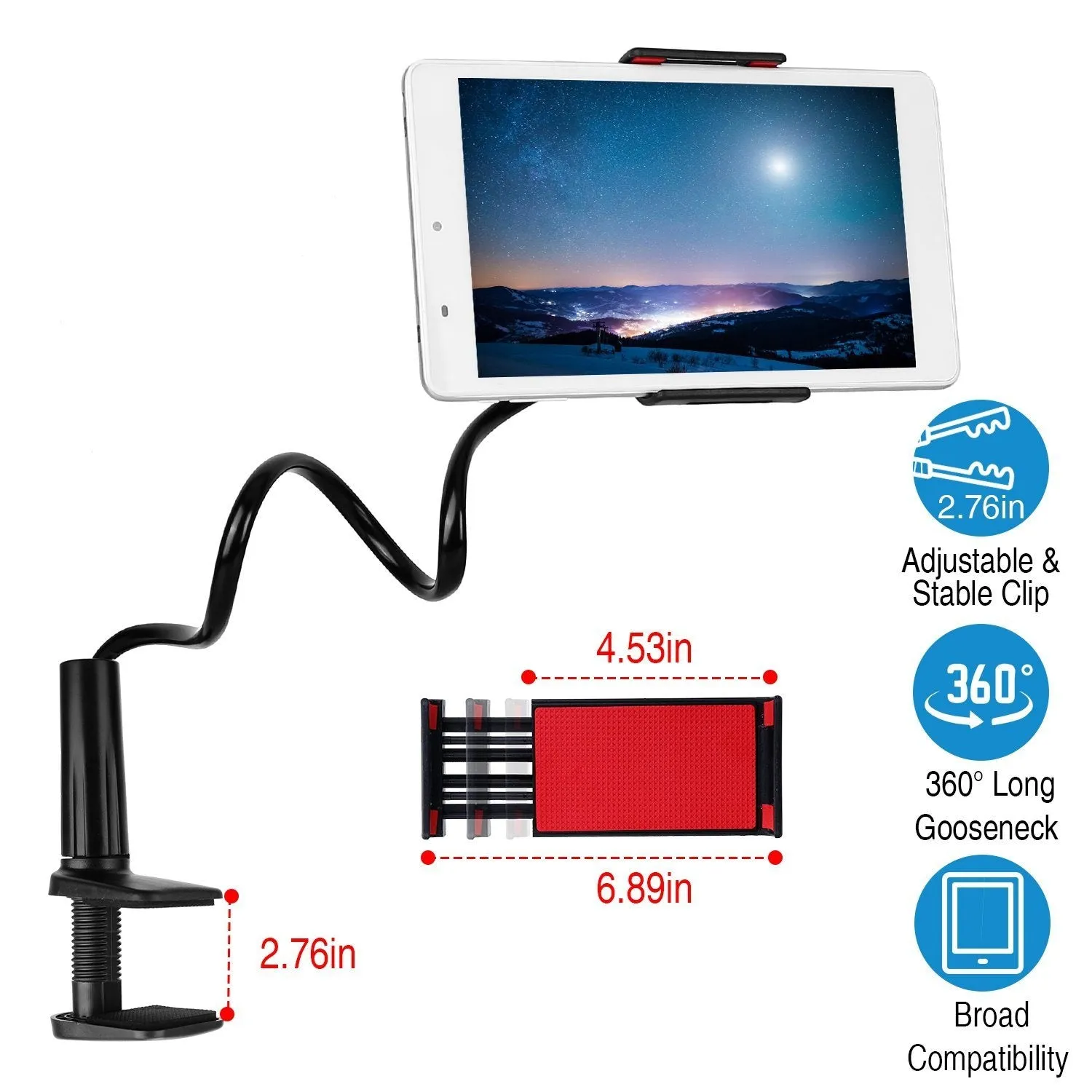 Tablet Gooseneck Stand Bracket with 360¬∞ Rotatable Clip
