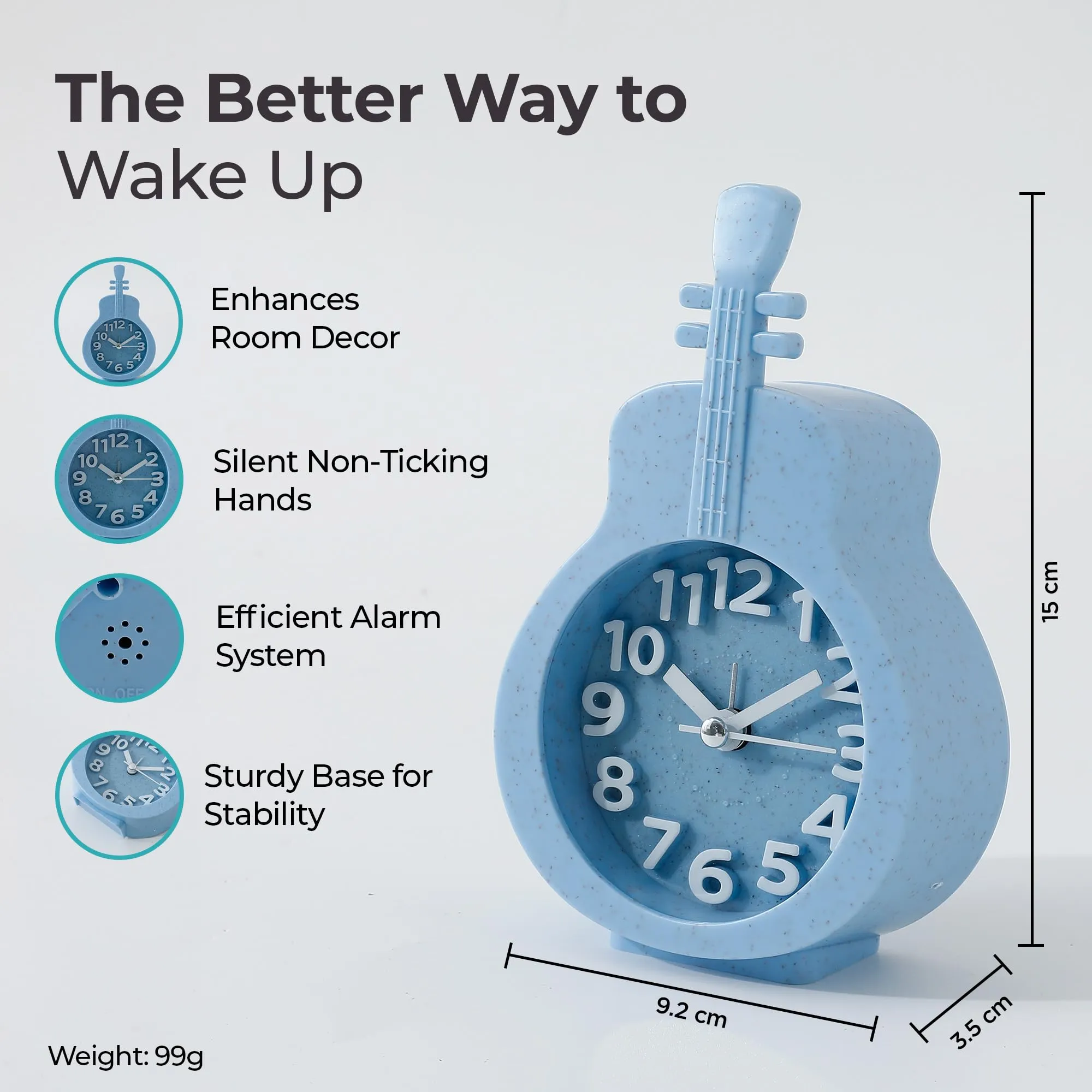 The Better Home Alarm Clock (15cm) |Alarm Clock for Students |Alarm Clock for Bedroom |Loud Alarm Clock for Heavy Sleepers |Mini Alarm Clock for Kids |Violin Shaped Table Clock for Study Table - Blue