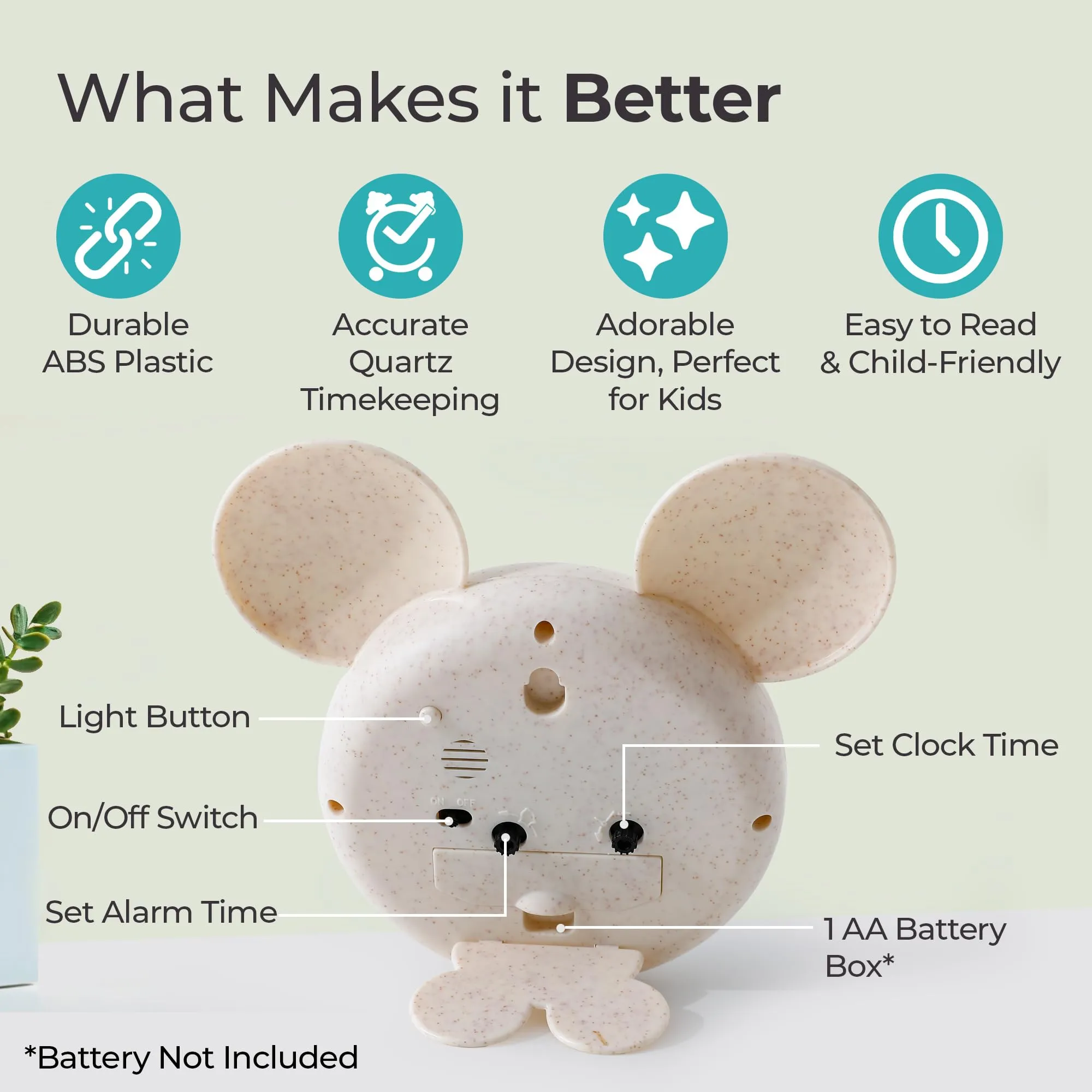 The Better Home Alarm Clock (15cm) | Alarm Clock For Students | Alarm Clock For Heavy Sleepers| Alarm Clock For Kids | Alarm Clock For Bedroom | Mickey Mouse Shaped Table Clock For Study Table - Beige