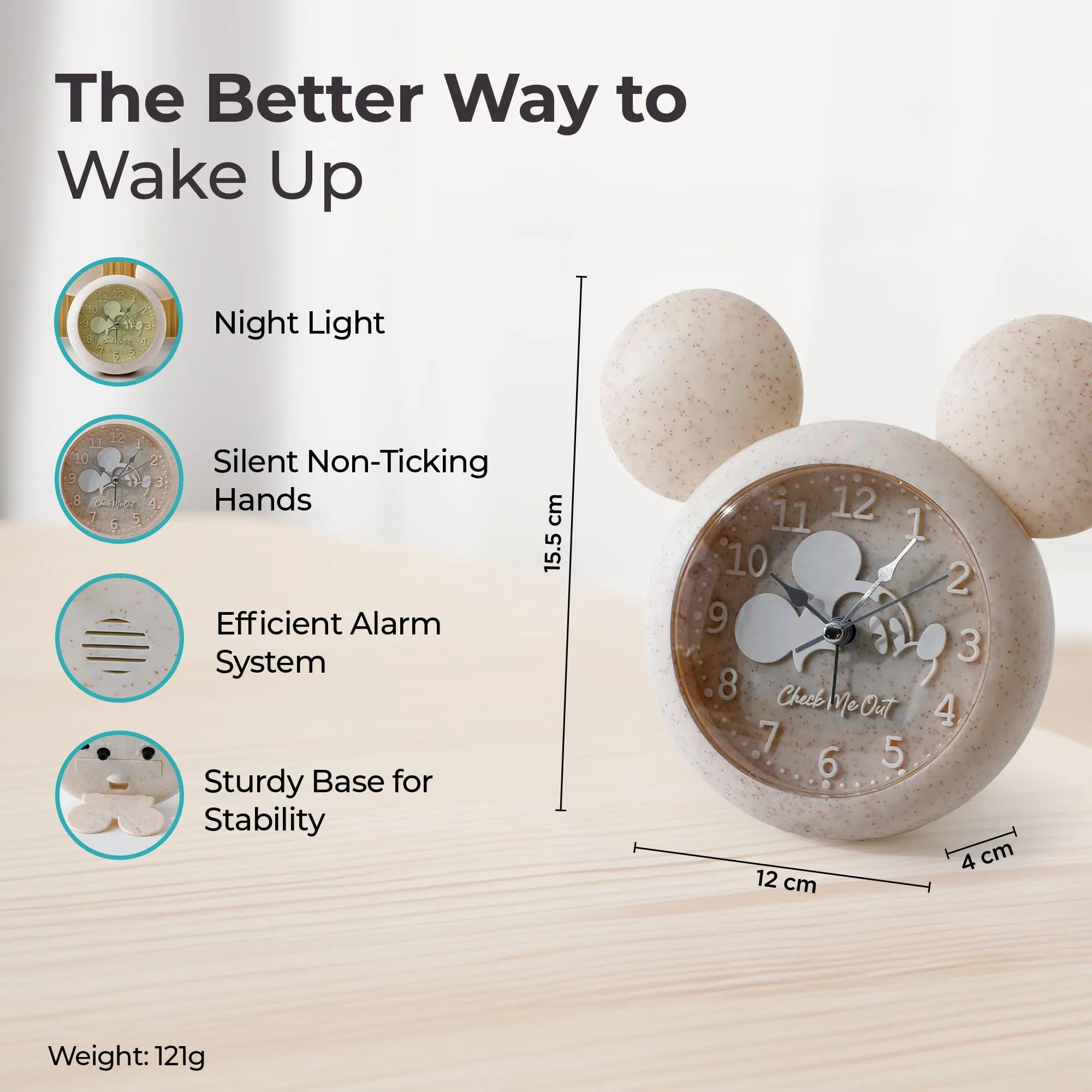 The Better Home Alarm Clock (15cm) | Alarm Clock For Students | Alarm Clock For Heavy Sleepers| Alarm Clock For Kids | Alarm Clock For Bedroom | Mickey Mouse Shaped Table Clock For Study Table - Beige
