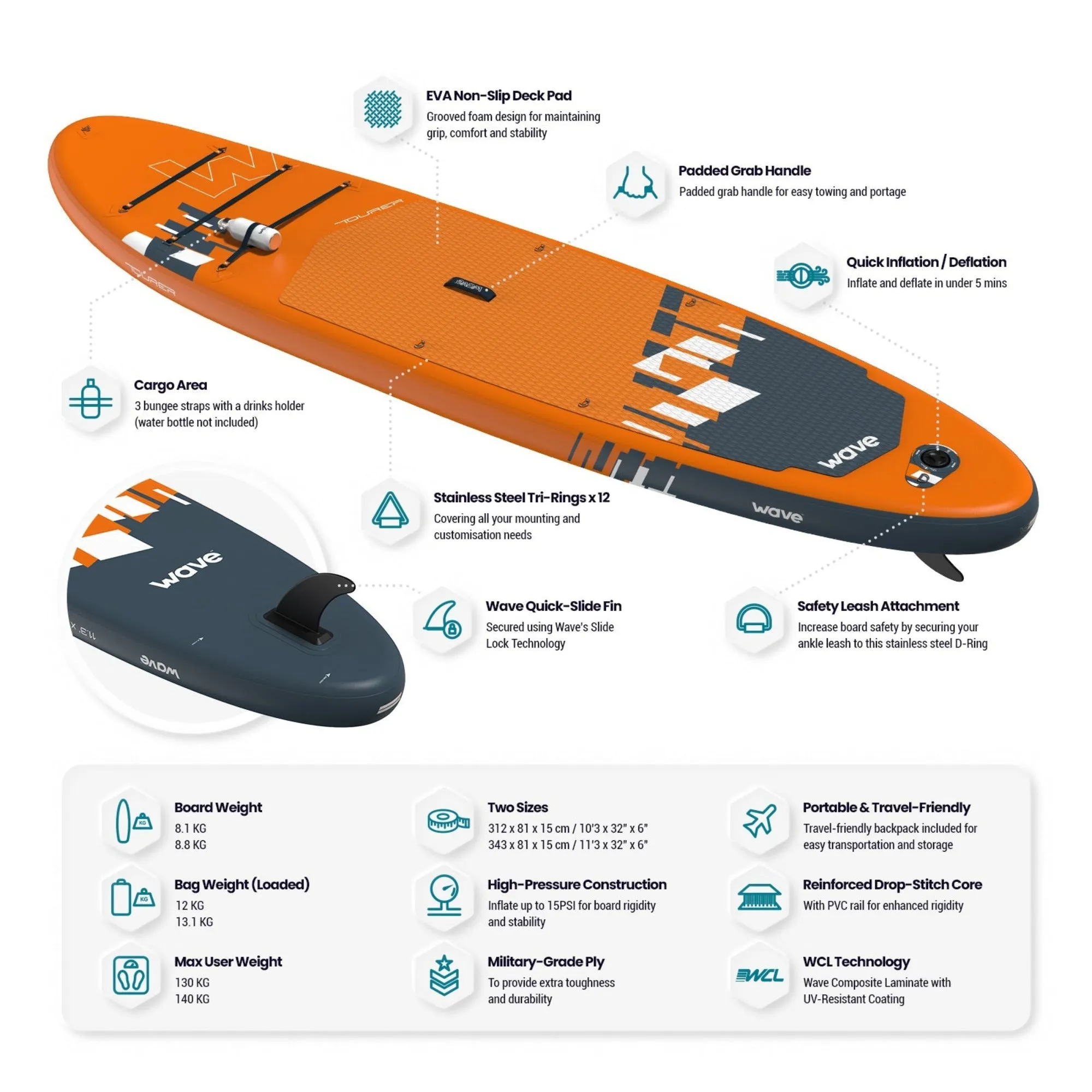 Tourer 2.0 SUP | Inflatable Paddle Board | 10'3/11'3ft | Orange