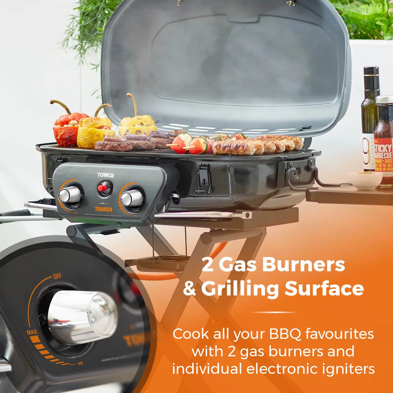 Tower Tourer Two Burner Portable Gas BBQ - Grey