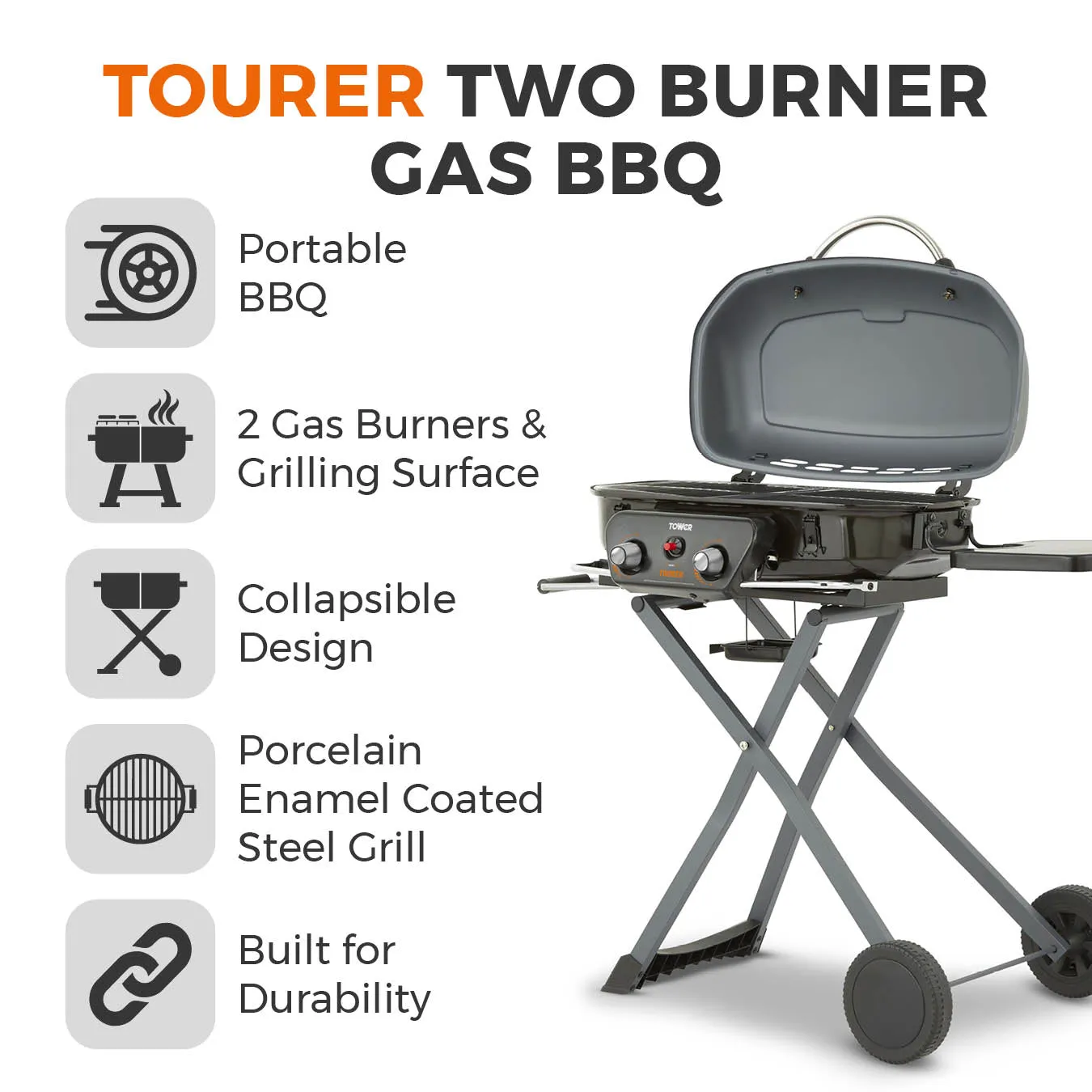 Tower Tourer Two Burner Portable Gas BBQ - Grey