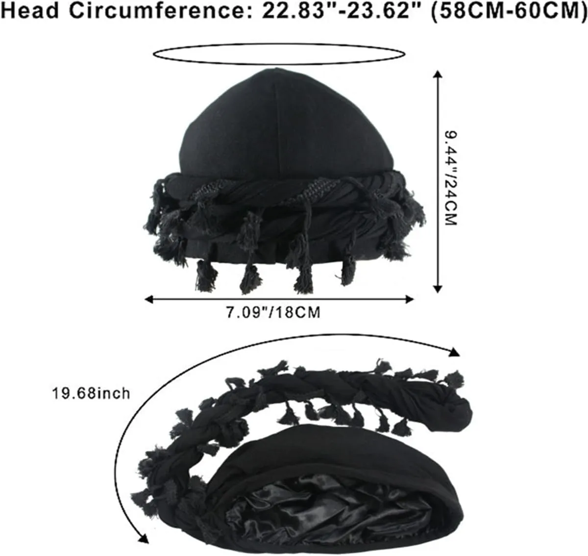 Turban for Men Vintage Twist Head Wraps Durag Satin Lined Halo Turban for Men Modal and Satin Tassels
