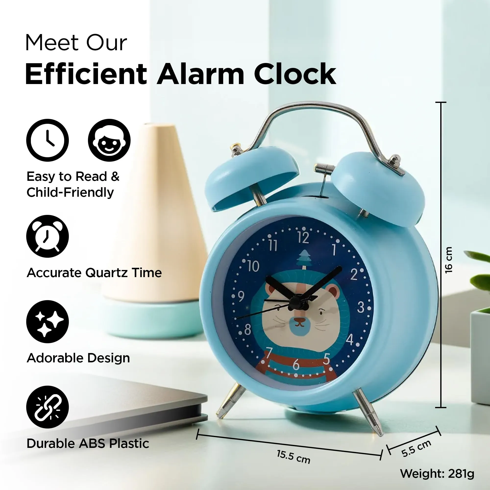 UMAI Alarm Clock with Night Light(16cm) |Alarm Clock for Students |Loud Alarm Clock for Heavy Sleepers |Mini Alarm Clock for Kids |Alarm Clock for Bedroom |Twin Bell Table Clock for Study Table-Blue