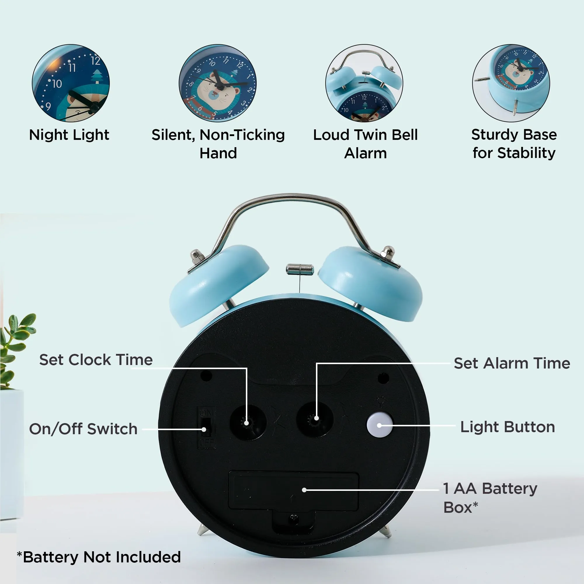 UMAI Alarm Clock with Night Light(16cm) |Alarm Clock for Students |Loud Alarm Clock for Heavy Sleepers |Mini Alarm Clock for Kids |Alarm Clock for Bedroom |Twin Bell Table Clock for Study Table-Blue