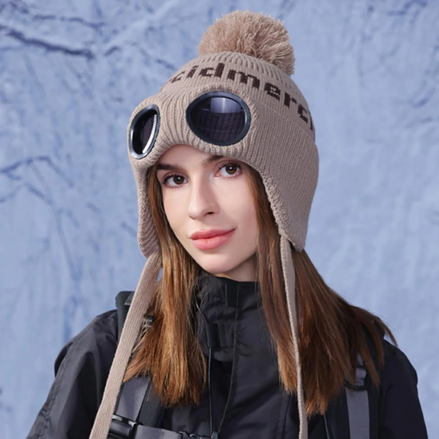 Unisex Knitted Goggles Beanie, Goggle Lens Beanie, Warm Winter Stylish Ear Skull Hat Outdoor Sports Cap for Teen