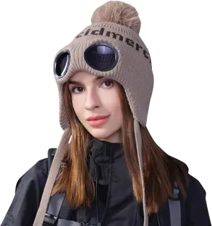 Unisex Knitted Goggles Beanie, Goggle Lens Beanie, Warm Winter Stylish Ear Skull Hat Outdoor Sports Cap for Teen