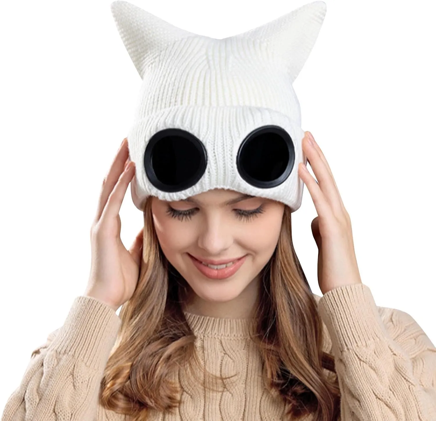 Unisex Knitted Goggles Beanie, Goggle Lens Beanie, Warm Winter Stylish Ear Skull Hat Outdoor Sports Cap for Teen