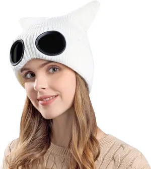 Unisex Knitted Goggles Beanie, Goggle Lens Beanie, Warm Winter Stylish Ear Skull Hat Outdoor Sports Cap for Teen