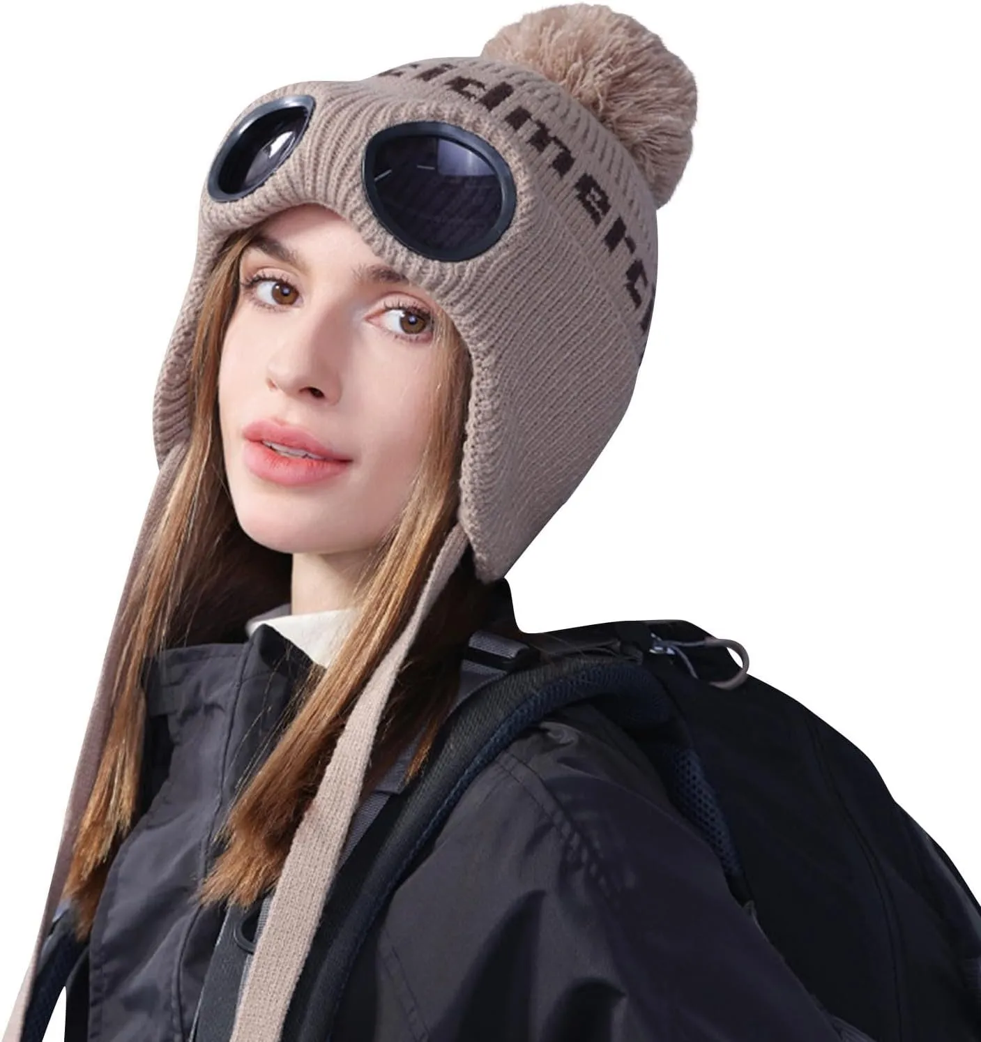 Unisex Knitted Goggles Beanie, Goggle Lens Beanie, Warm Winter Stylish Ear Skull Hat Outdoor Sports Cap for Teen