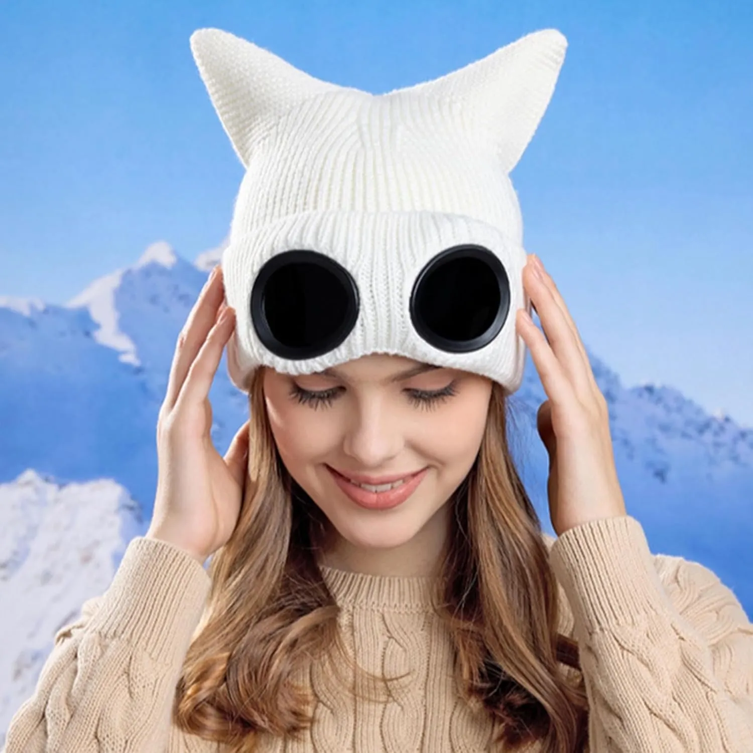 Unisex Knitted Goggles Beanie, Goggle Lens Beanie, Warm Winter Stylish Ear Skull Hat Outdoor Sports Cap for Teen