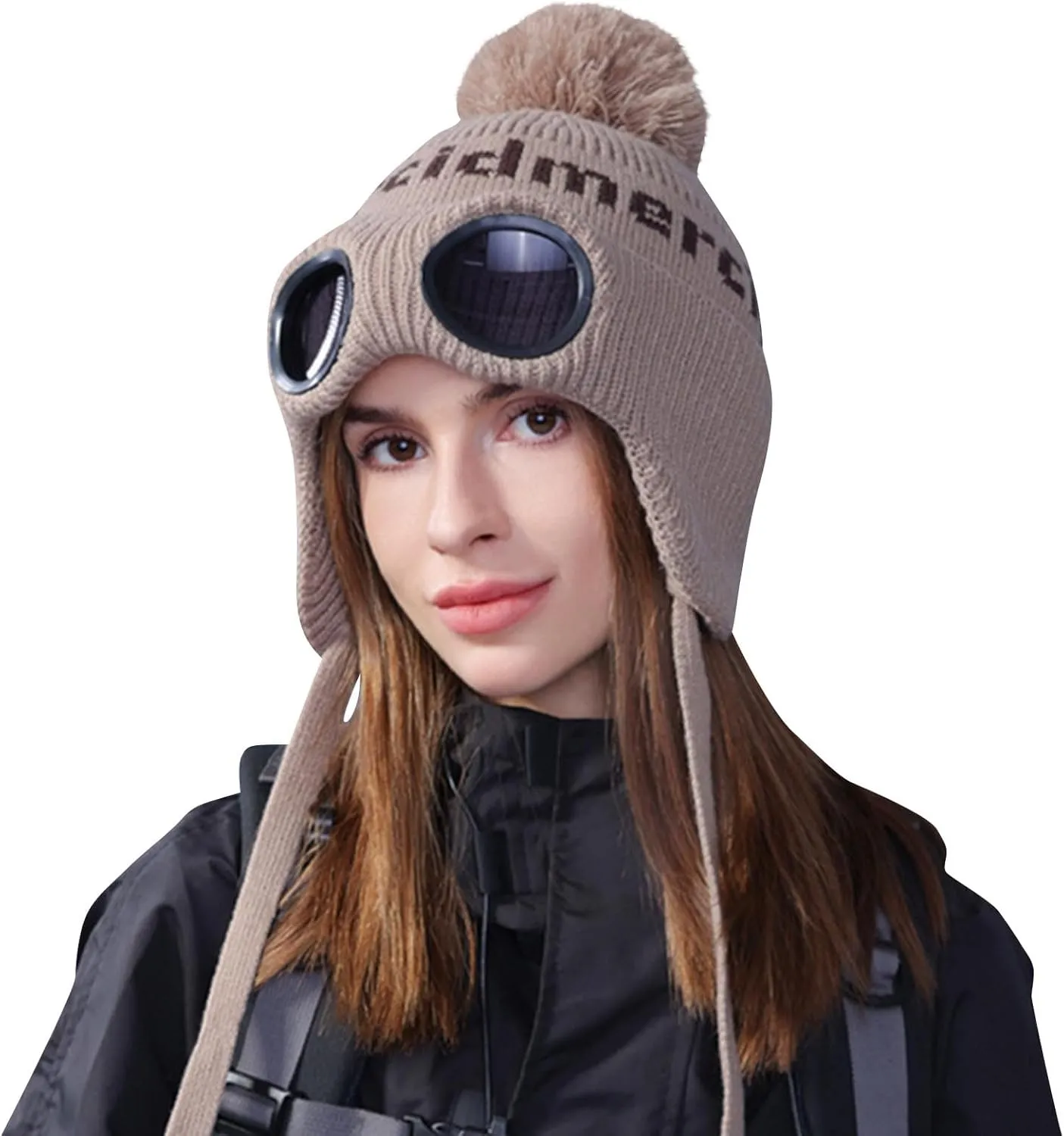 Unisex Knitted Goggles Beanie, Goggle Lens Beanie, Warm Winter Stylish Ear Skull Hat Outdoor Sports Cap for Teen