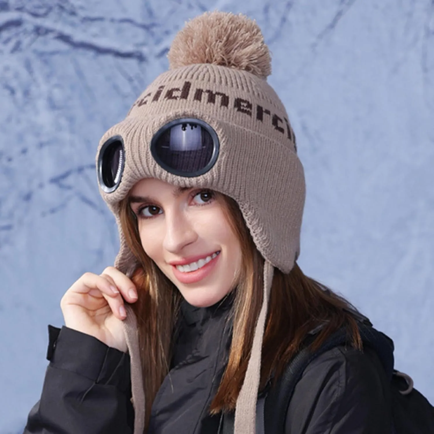 Unisex Knitted Goggles Beanie, Goggle Lens Beanie, Warm Winter Stylish Ear Skull Hat Outdoor Sports Cap for Teen