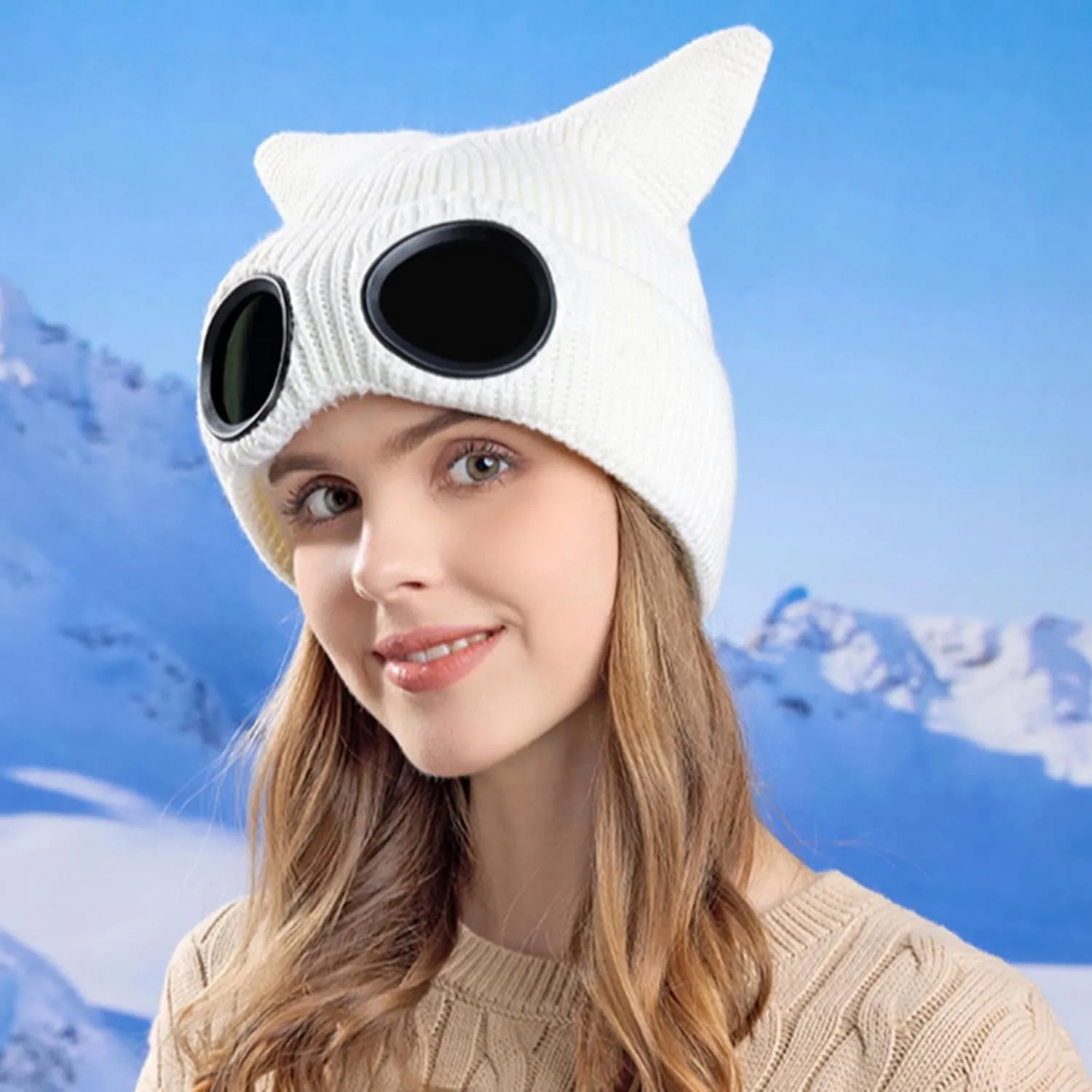 Unisex Knitted Goggles Beanie, Goggle Lens Beanie, Warm Winter Stylish Ear Skull Hat Outdoor Sports Cap for Teen