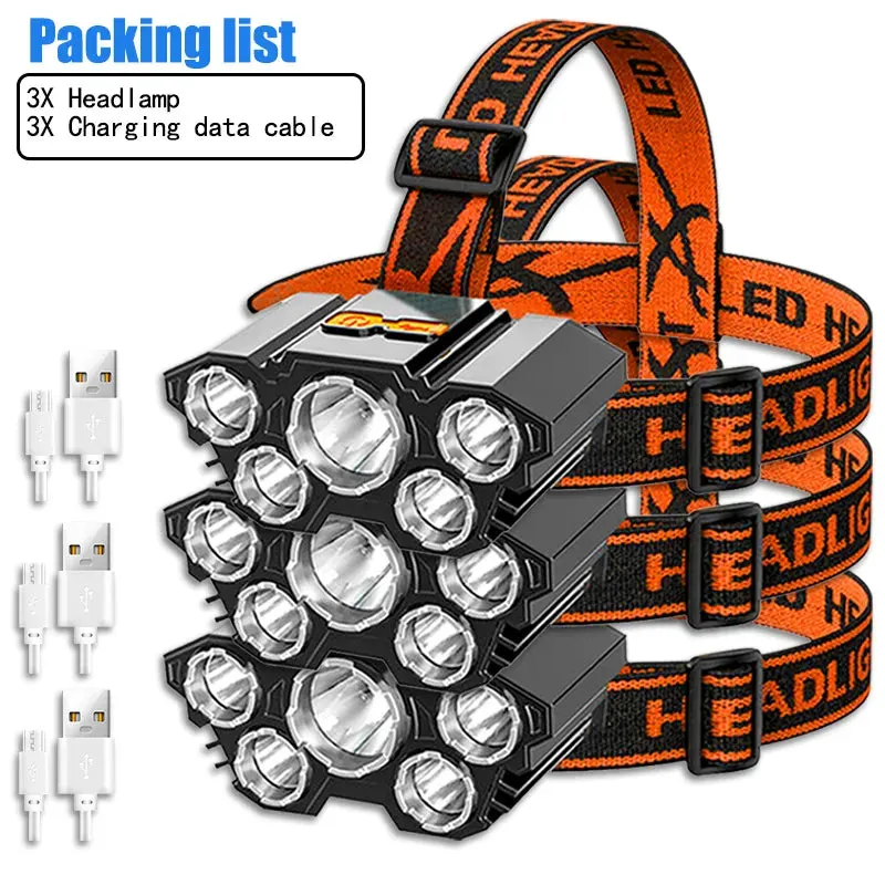 USB Rechargeable 5LED Headlamp High Power Head Flashlight 18650 Built-in battery Headlight LED Head Torch For Camping Fishing