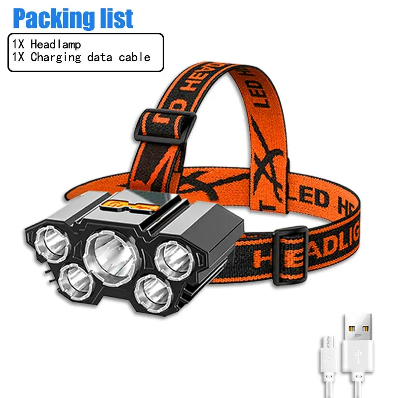 USB Rechargeable 5LED Headlamp High Power Head Flashlight 18650 Built-in battery Headlight LED Head Torch For Camping Fishing