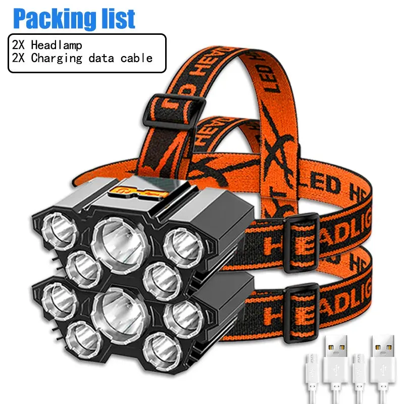 USB Rechargeable 5LED Headlamp High Power Head Flashlight 18650 Built-in battery Headlight LED Head Torch For Camping Fishing