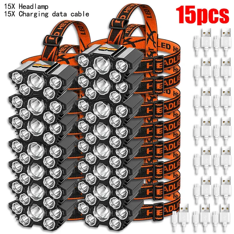 USB Rechargeable 5LED Headlamp High Power Head Flashlight 18650 Built-in battery Headlight LED Head Torch For Camping Fishing