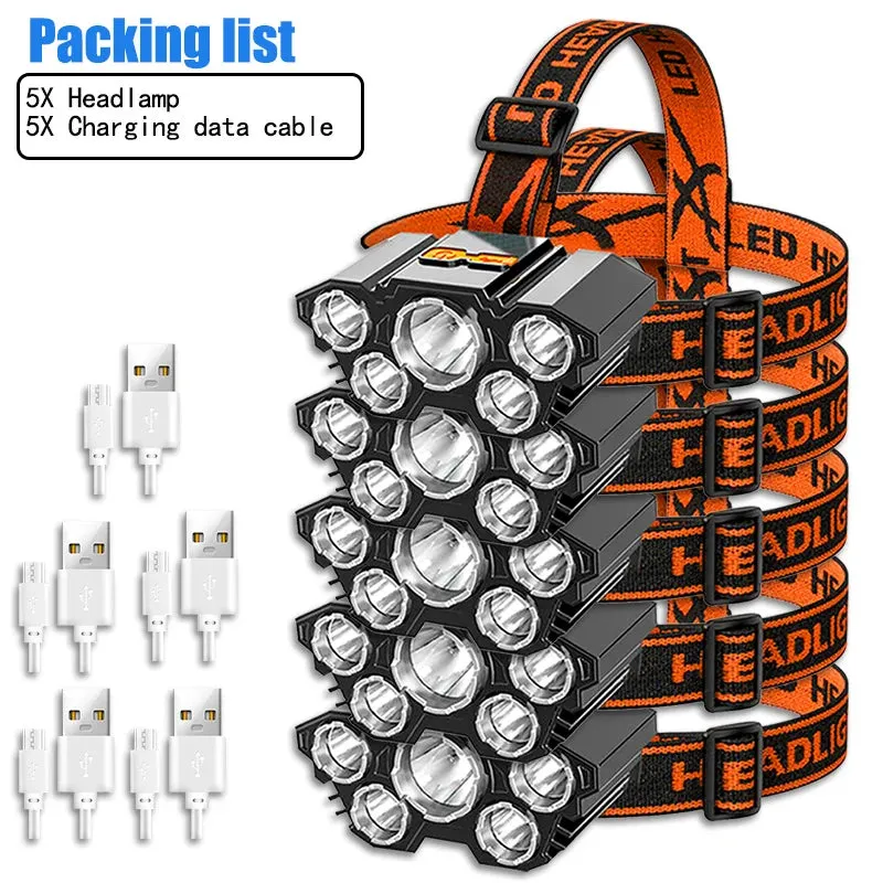 USB Rechargeable 5LED Headlamp High Power Head Flashlight 18650 Built-in battery Headlight LED Head Torch For Camping Fishing