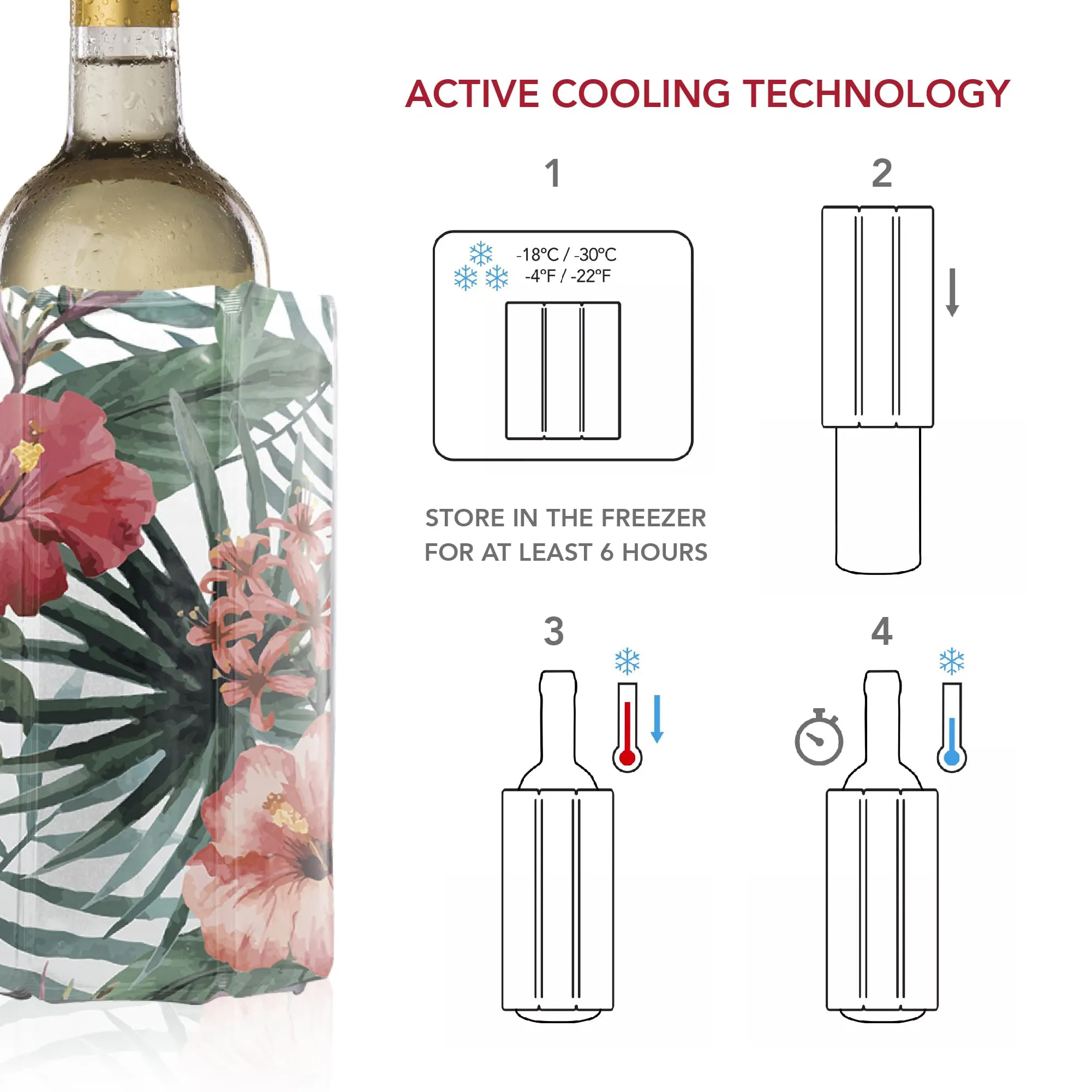 Vacu Vin Active Cooler Wine Chiller - Reusable, Flexible Wine Bottle Cooler - Floral Print - Wine Cooler Sleeve For Standard Size Bottles - Insulated Wine Bottle Chiller to Keep Wine Cold