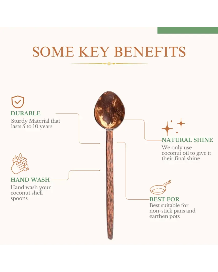 Versatile Brown Coconut Shell Cooking Spoons | Set of 3 Pcs | 13 x 2 x 2 inches