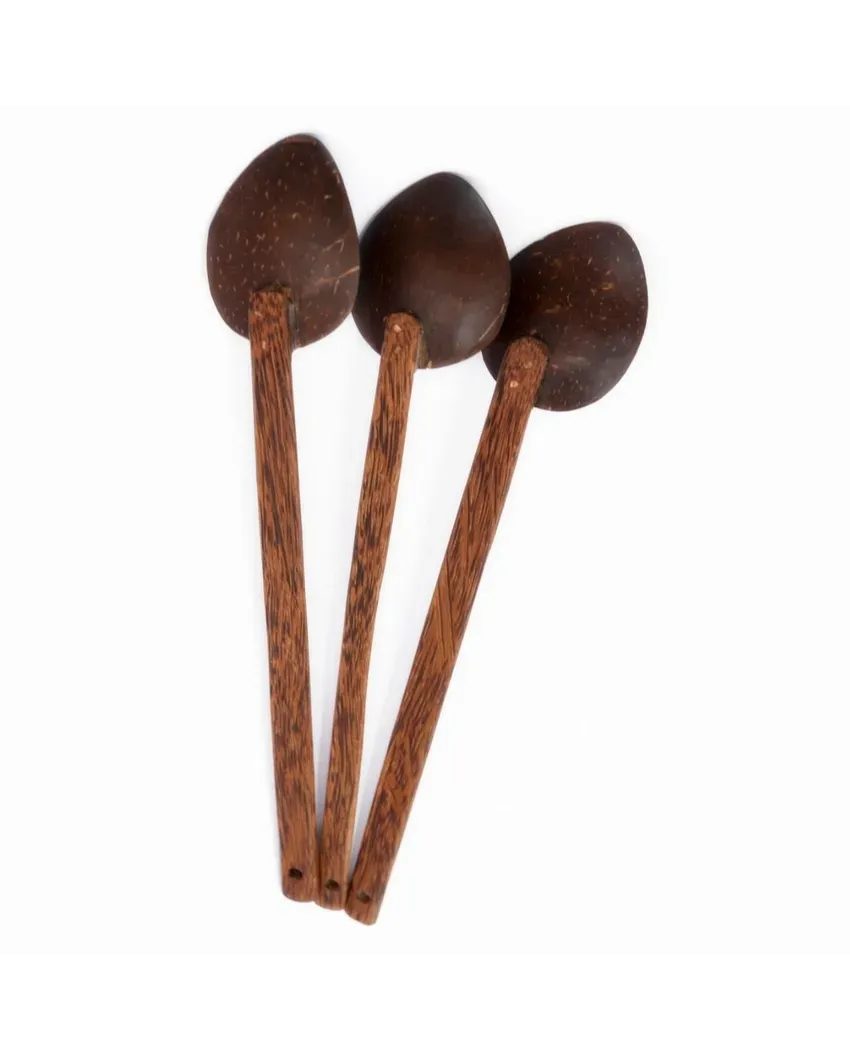 Versatile Brown Coconut Shell Cooking Spoons | Set of 3 Pcs | 13 x 2 x 2 inches