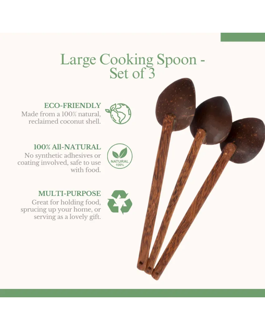 Versatile Brown Coconut Shell Cooking Spoons | Set of 3 Pcs | 13 x 2 x 2 inches