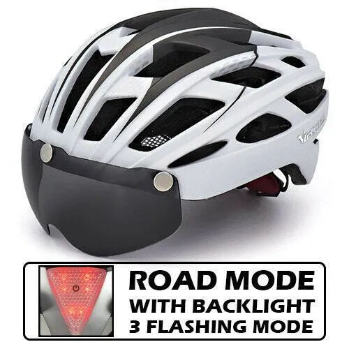 VICTGOAL Cycling Helmet for Men Magnetic Goggles Lens Sun Visor Rear LED Tail Light Bicycle Safety Scooter MTB Road Bike Helmets