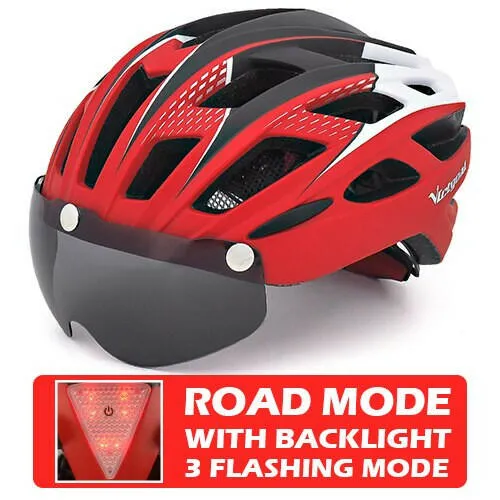 VICTGOAL Cycling Helmet for Men Magnetic Goggles Lens Sun Visor Rear LED Tail Light Bicycle Safety Scooter MTB Road Bike Helmets