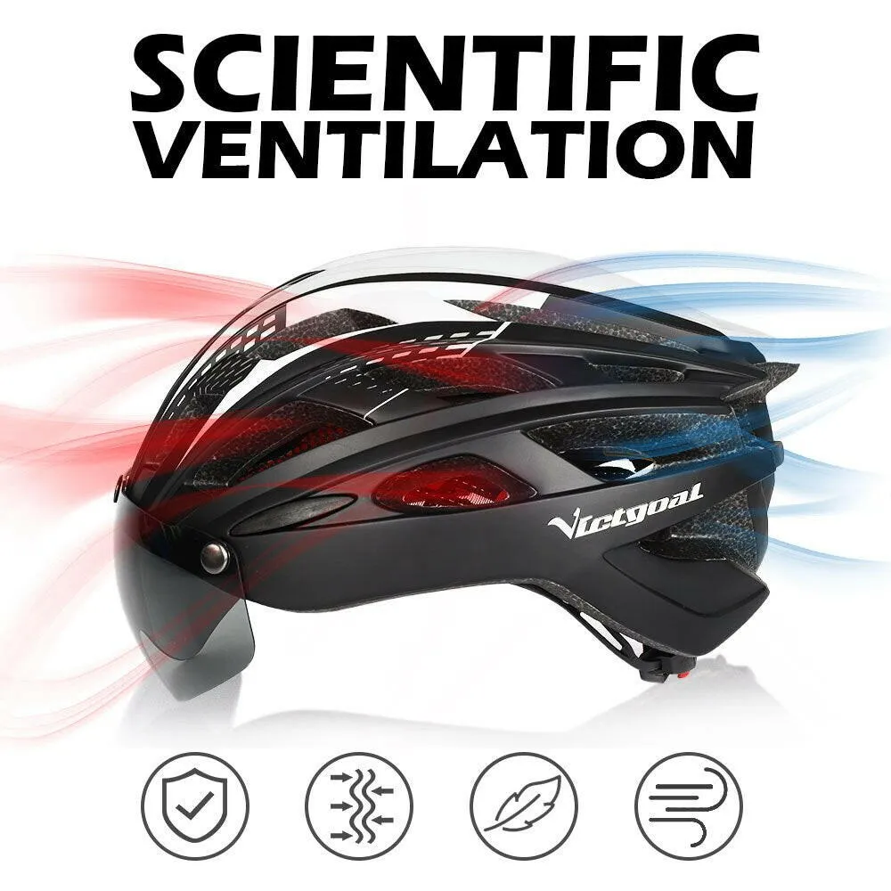 VICTGOAL Cycling Helmet for Men Magnetic Goggles Lens Sun Visor Rear LED Tail Light Bicycle Safety Scooter MTB Road Bike Helmets