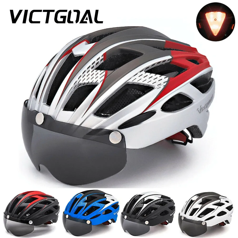 VICTGOAL Cycling Helmet for Men Magnetic Goggles Lens Sun Visor Rear LED Tail Light Bicycle Safety Scooter MTB Road Bike Helmets
