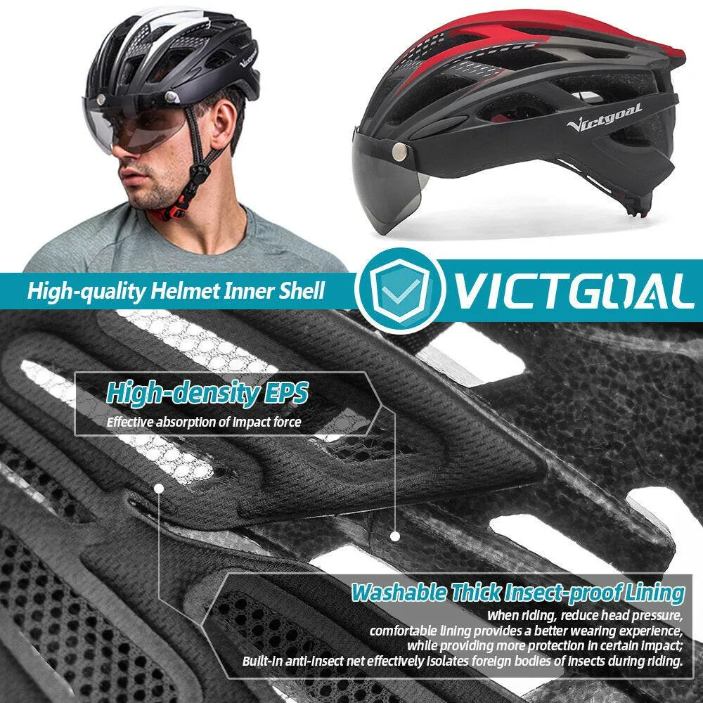 VICTGOAL Cycling Helmet for Men Magnetic Goggles Lens Sun Visor Rear LED Tail Light Bicycle Safety Scooter MTB Road Bike Helmets