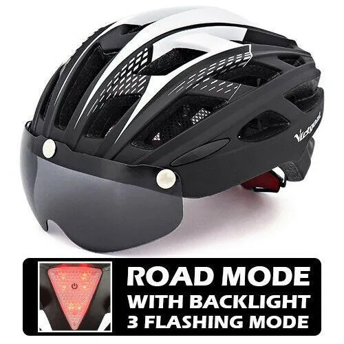 VICTGOAL Cycling Helmet for Men Magnetic Goggles Lens Sun Visor Rear LED Tail Light Bicycle Safety Scooter MTB Road Bike Helmets
