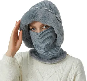 Warm Beanie Scarf 1 Pcs Fleece Lined Balaclava Face Mask Faux Fur Pompom Beanie Hat Set Slouchy Hooded Hat Slouchy Hooded Hat