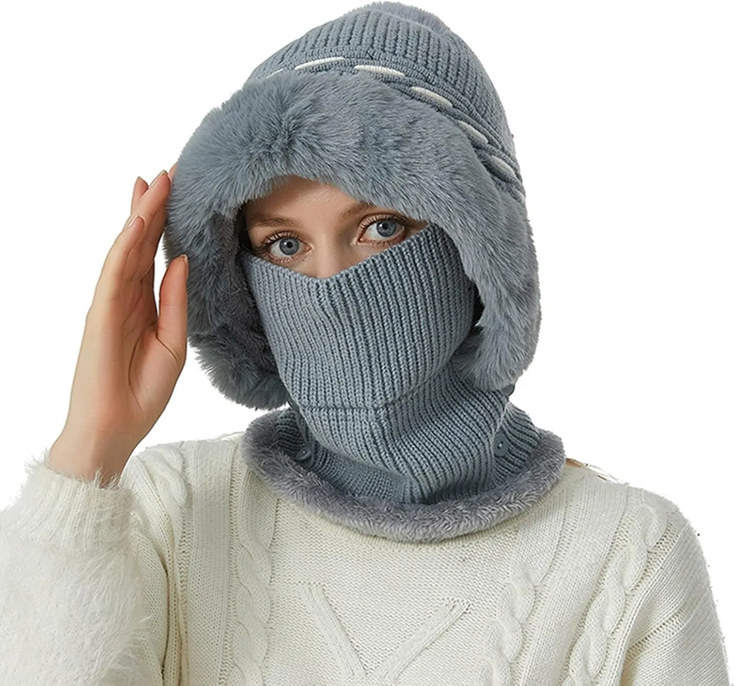 Warm Beanie Scarf 1 Pcs Fleece Lined Balaclava Face Mask Faux Fur Pompom Beanie Hat Set Slouchy Hooded Hat Slouchy Hooded Hat