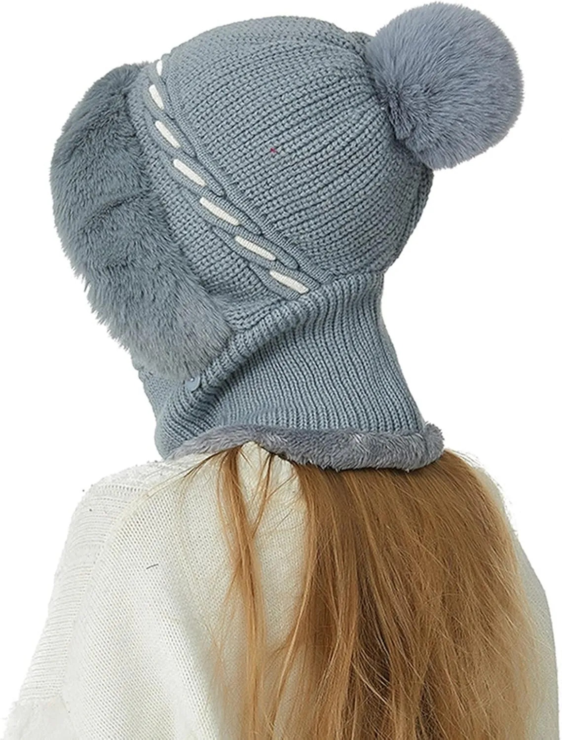 Warm Beanie Scarf 1 Pcs Fleece Lined Balaclava Face Mask Faux Fur Pompom Beanie Hat Set Slouchy Hooded Hat Slouchy Hooded Hat